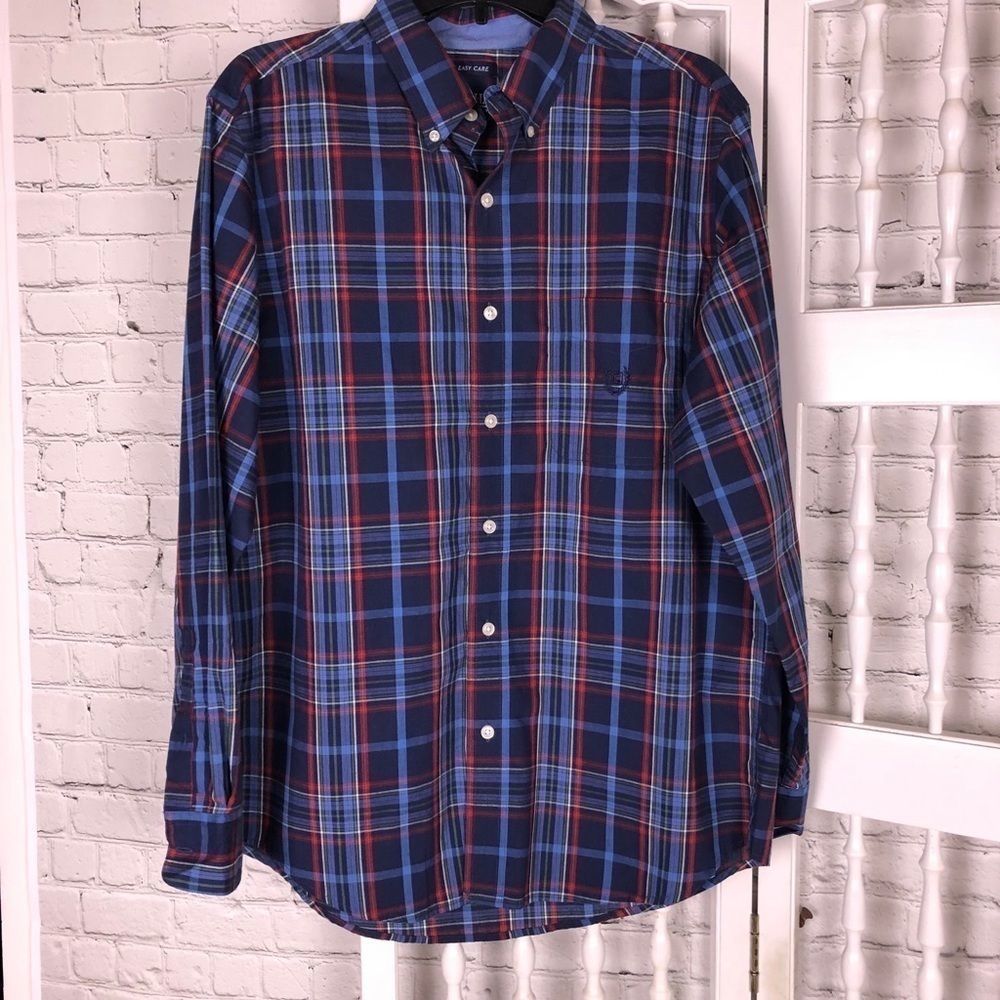 Chaps Blue Plaid Men’s Dress Shirt Sz. M EUC